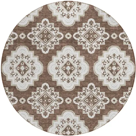 8' Brown And Ivory Round Medallion Washable Indoor Outdoor Area Rug Photo 2