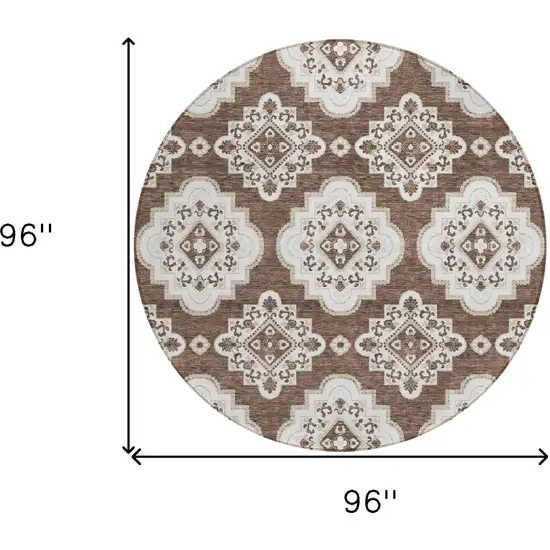 8' Brown And Ivory Round Medallion Washable Indoor Outdoor Area Rug Photo 3