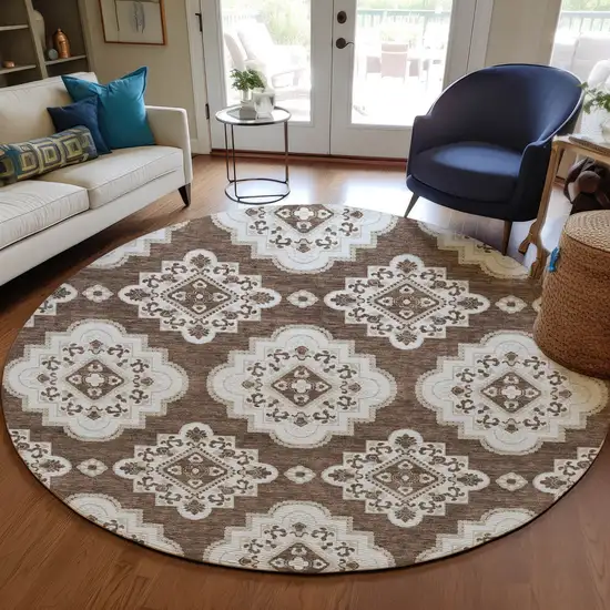 8' Brown And Ivory Round Medallion Washable Indoor Outdoor Area Rug Photo 7
