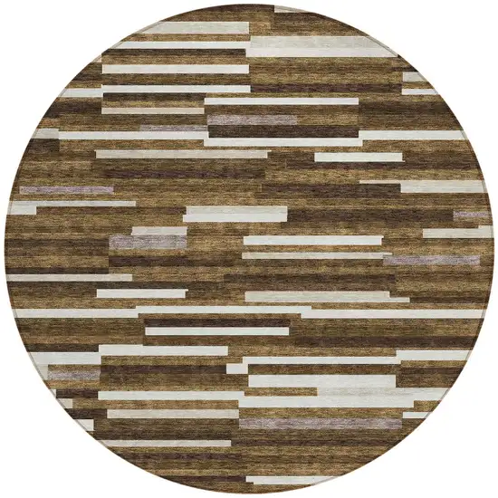 8' Brown And Ivory Round Striped Washable Indoor Outdoor Area Rug Photo 6