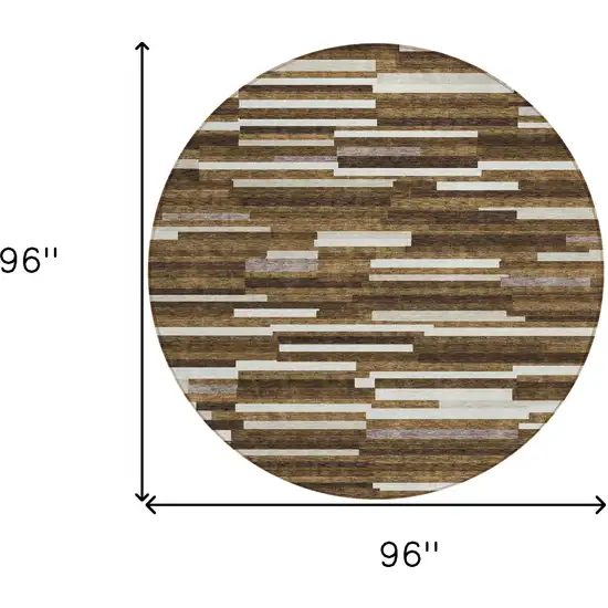 8' Brown And Ivory Round Striped Washable Indoor Outdoor Area Rug Photo 3