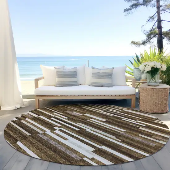8' Brown And Ivory Round Striped Washable Indoor Outdoor Area Rug Photo 7