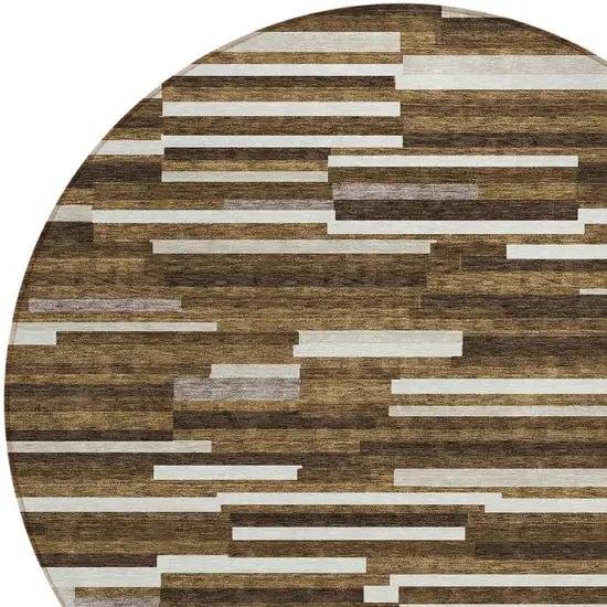 8' Brown And Ivory Round Striped Washable Indoor Outdoor Area Rug Photo 5