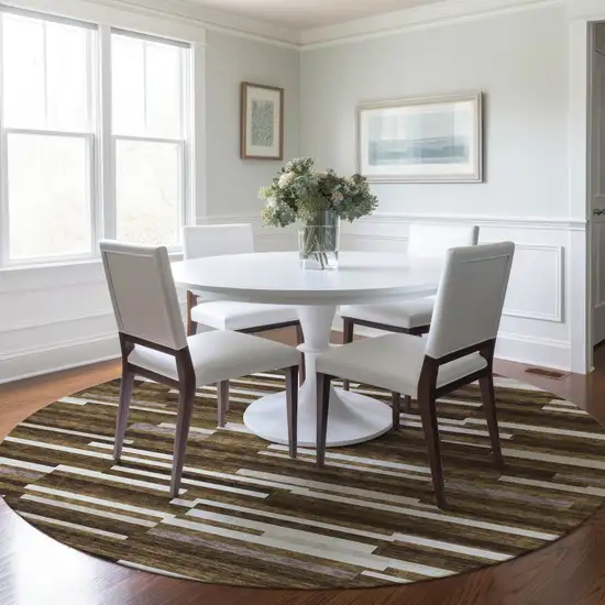 8' Brown And Ivory Round Striped Washable Indoor Outdoor Area Rug Photo 8