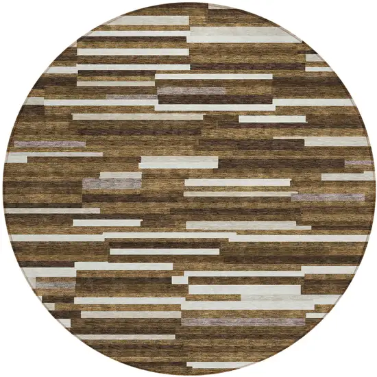 8' Brown And Ivory Round Striped Washable Indoor Outdoor Area Rug Photo 2
