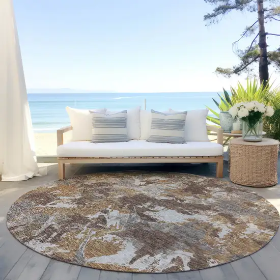 8' Brown Beige And Gray Round Floral Washable Indoor Outdoor Area Rug Photo 7