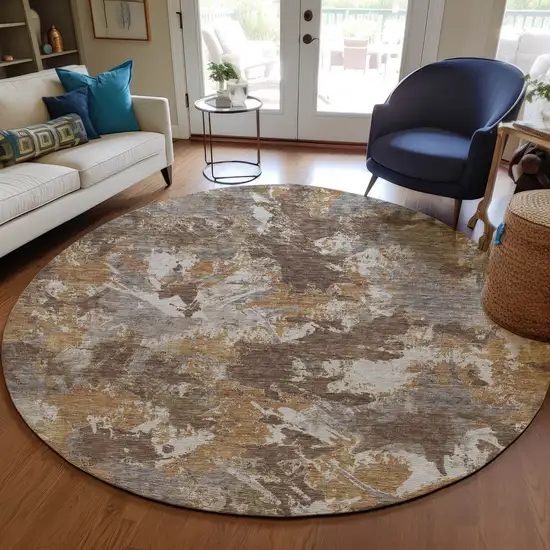 8' Brown Beige And Gray Round Floral Washable Indoor Outdoor Area Rug Photo 8