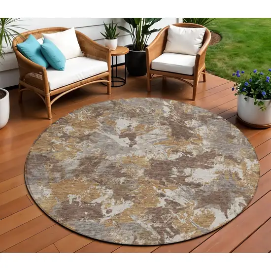 8' Brown Beige And Gray Round Floral Washable Indoor Outdoor Area Rug Photo 9