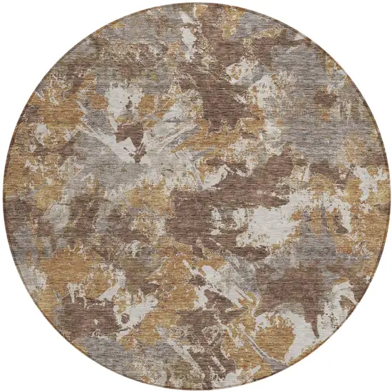 8' Brown Beige And Gray Round Floral Washable Indoor Outdoor Area Rug Photo 2