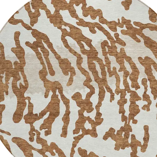 8' Brown Beige And Ivory Round Animal Print Washable Indoor Outdoor Area Rug Photo 4