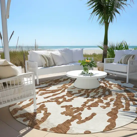 8' Brown Beige And Ivory Round Animal Print Washable Indoor Outdoor Area Rug Photo 6