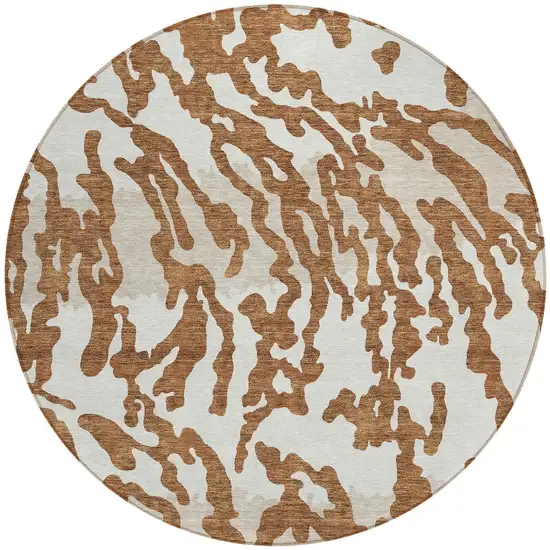 8' Brown Beige And Ivory Round Animal Print Washable Indoor Outdoor Area Rug Photo 5