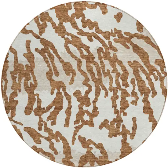 8' Brown Beige And Ivory Round Animal Print Washable Indoor Outdoor Area Rug Photo 2