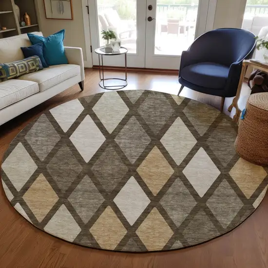 8' Brown Beige And Ivory Round Geometric Washable Indoor Outdoor Area Rug Photo 7