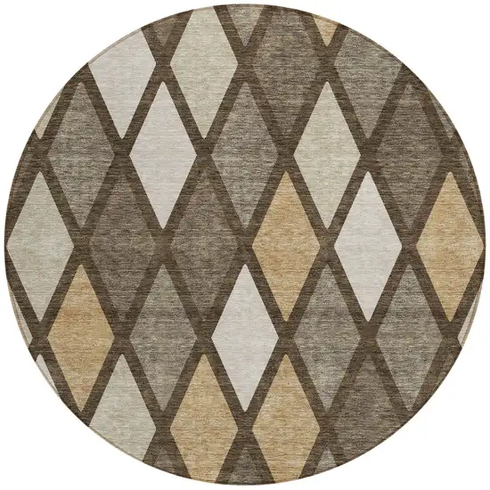 8' Brown Beige And Ivory Round Geometric Washable Indoor Outdoor Area Rug Photo 5