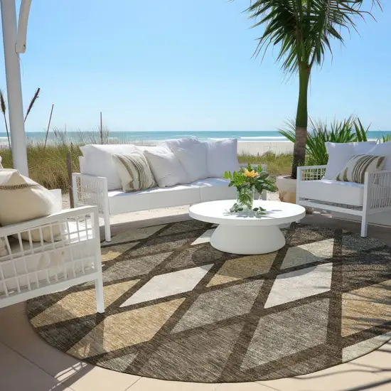 8' Brown Beige And Ivory Round Geometric Washable Indoor Outdoor Area Rug Photo 6