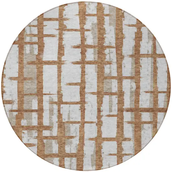 8' Brown Beige And Ivory Round Striped Washable Indoor Outdoor Area Rug Photo 4