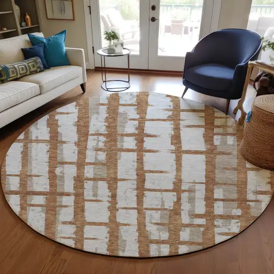 8' Brown Beige And Ivory Round Striped Washable Indoor Outdoor Area Rug Photo 6