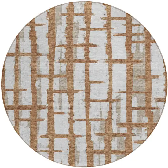 8' Brown Beige And Ivory Round Striped Washable Indoor Outdoor Area Rug Photo 2