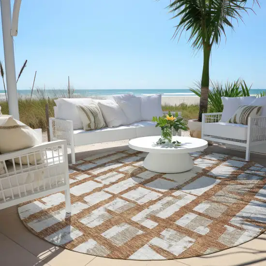 8' Brown Beige And Ivory Round Striped Washable Indoor Outdoor Area Rug Photo 5