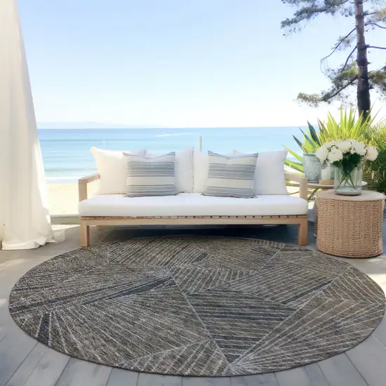 8' Brown Black And Gray Round Geometric Washable Indoor Outdoor Area Rug Photo 7
