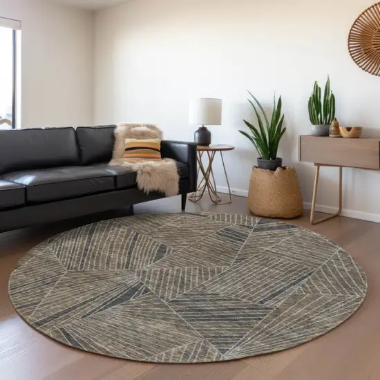 8' Brown Black And Gray Round Geometric Washable Indoor Outdoor Area Rug Photo 8