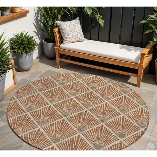 8' Brown Copper And Beige Round Geometric Washable Indoor Outdoor Area Rug Photo 1