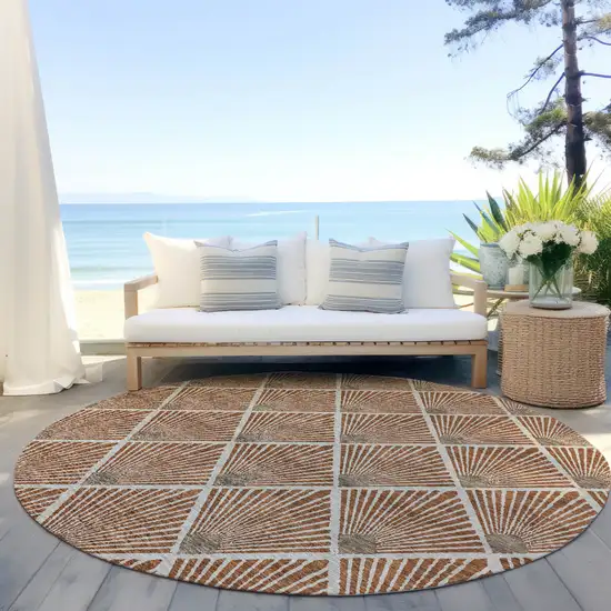 8' Brown Copper And Beige Round Geometric Washable Indoor Outdoor Area Rug Photo 7