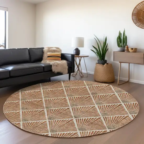 8' Brown Copper And Beige Round Geometric Washable Indoor Outdoor Area Rug Photo 8