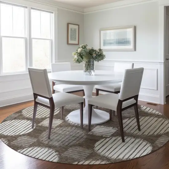 8' Brown Gray And Ivory Round Geometric Washable Indoor Outdoor Area Rug Photo 8