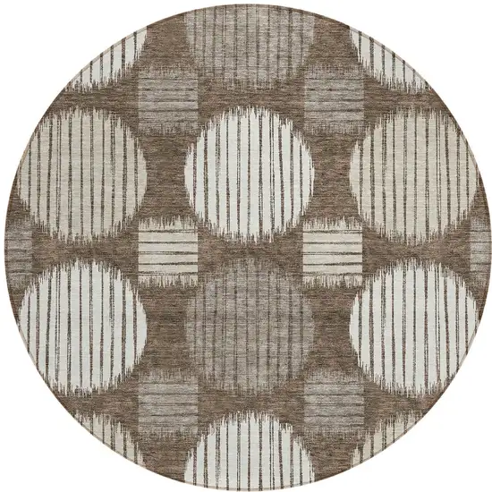 8' Brown Gray And Ivory Round Geometric Washable Indoor Outdoor Area Rug Photo 6