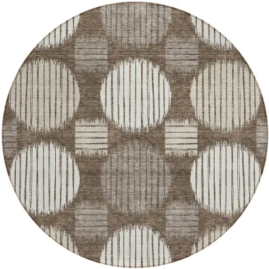 8' Brown Gray And Ivory Round Geometric Washable Indoor Outdoor Area Rug Photo 2