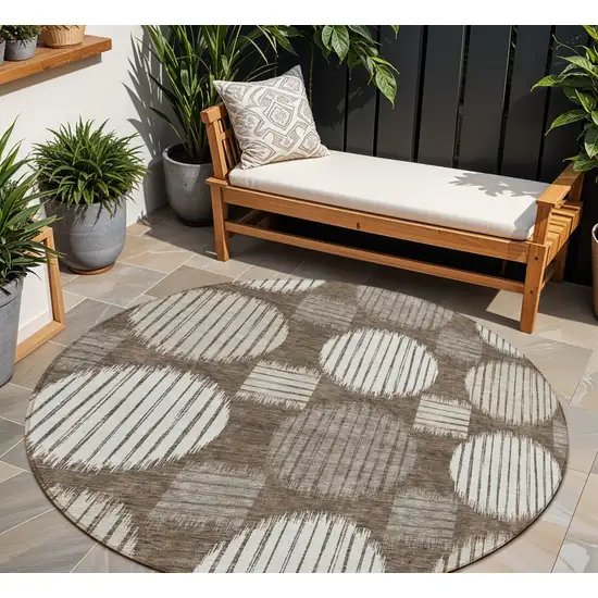 8' Brown Gray And Ivory Round Geometric Washable Indoor Outdoor Area Rug Photo 1