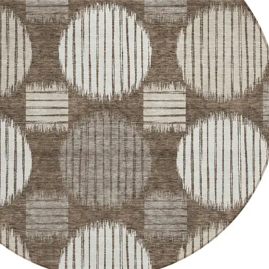 8' Brown Gray And Ivory Round Geometric Washable Indoor Outdoor Area Rug Photo 5