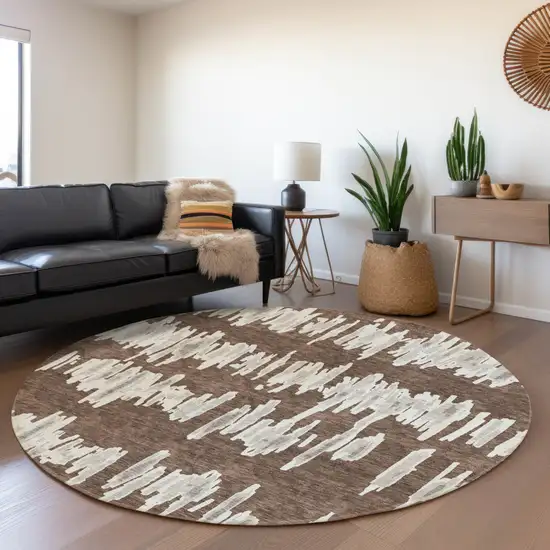 8' Brown Ivory And Gray Round Striped Washable Indoor Outdoor Area Rug Photo 8