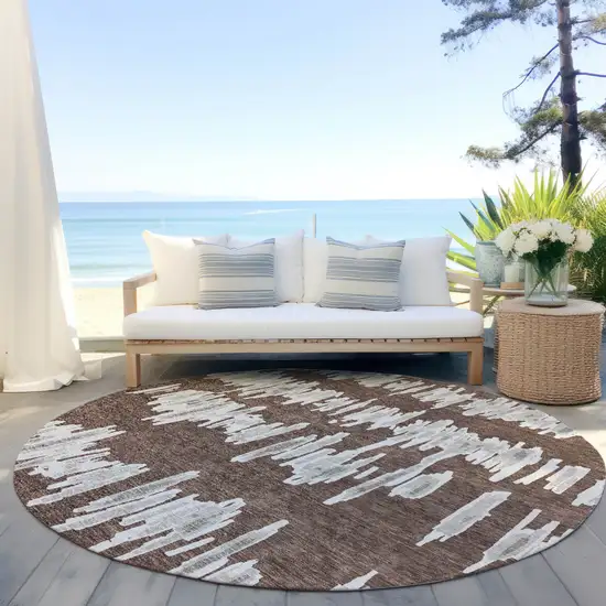 8' Brown Ivory And Gray Round Striped Washable Indoor Outdoor Area Rug Photo 7
