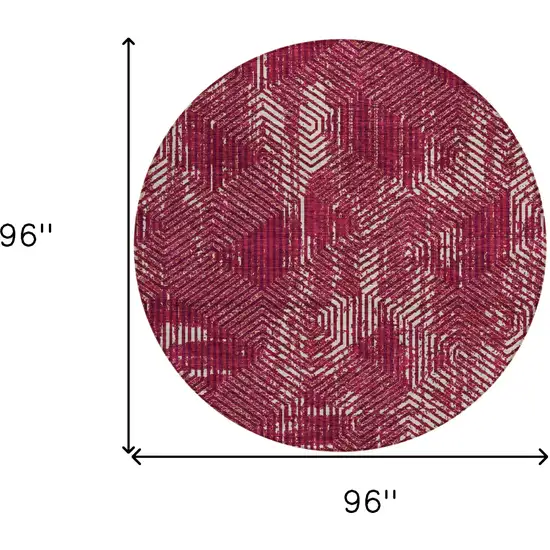 8' Burgundy And Ivory Round Geometric Washable Indoor Outdoor Area Rug Photo 3
