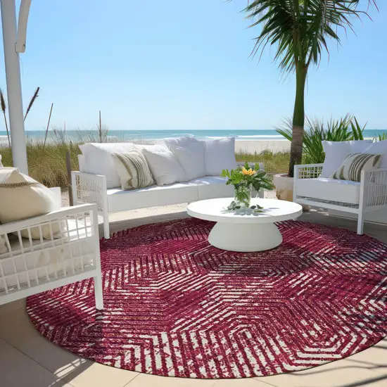 8' Burgundy And Ivory Round Geometric Washable Indoor Outdoor Area Rug Photo 7