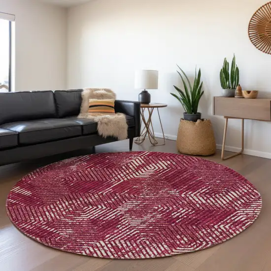 8' Burgundy And Ivory Round Geometric Washable Indoor Outdoor Area Rug Photo 8