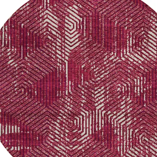8' Burgundy And Ivory Round Geometric Washable Indoor Outdoor Area Rug Photo 5