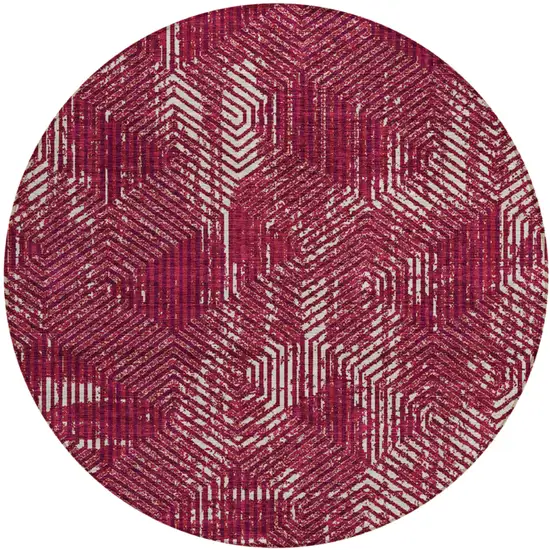8' Burgundy And Ivory Round Geometric Washable Indoor Outdoor Area Rug Photo 2