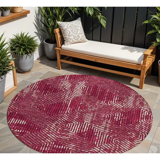 8' Burgundy And Ivory Round Geometric Washable Indoor Outdoor Area Rug Photo 1