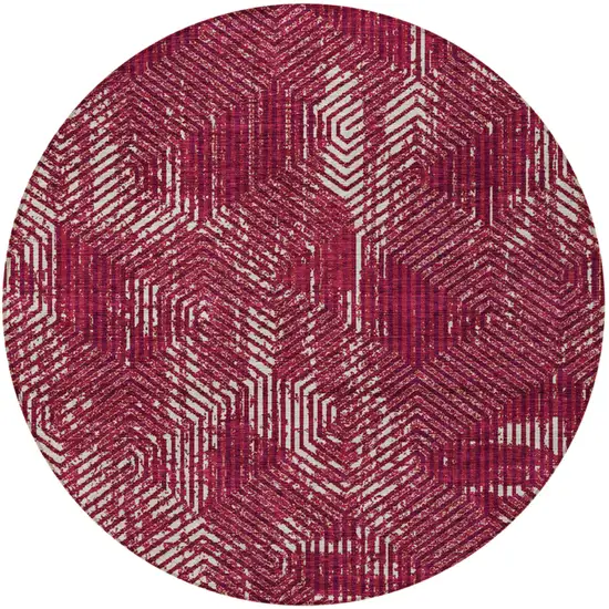8' Burgundy And Ivory Round Geometric Washable Indoor Outdoor Area Rug Photo 6