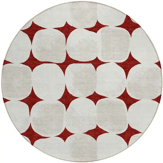 8' Burgundy Beige And Ivory Round Abstract Washable Indoor Outdoor Area Rug Photo 2