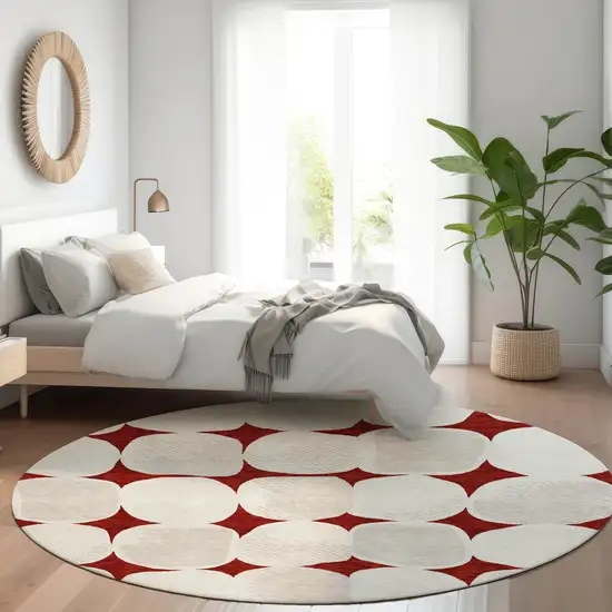 8' Burgundy Beige And Ivory Round Abstract Washable Indoor Outdoor Area Rug Photo 8