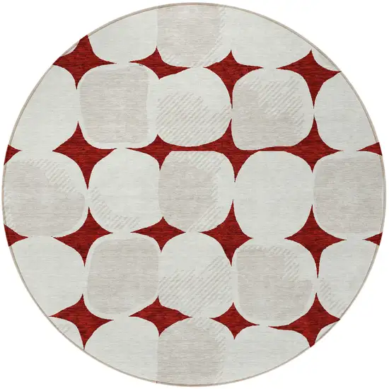 8' Burgundy Beige And Ivory Round Abstract Washable Indoor Outdoor Area Rug Photo 6