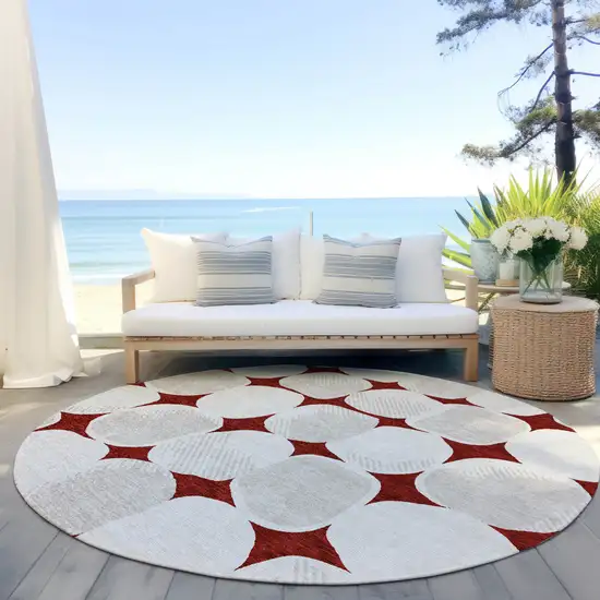 8' Burgundy Beige And Ivory Round Abstract Washable Indoor Outdoor Area Rug Photo 7