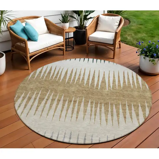 8' Charcoal Beige And Brown Round Striped Washable Indoor Outdoor Area Rug Photo 1