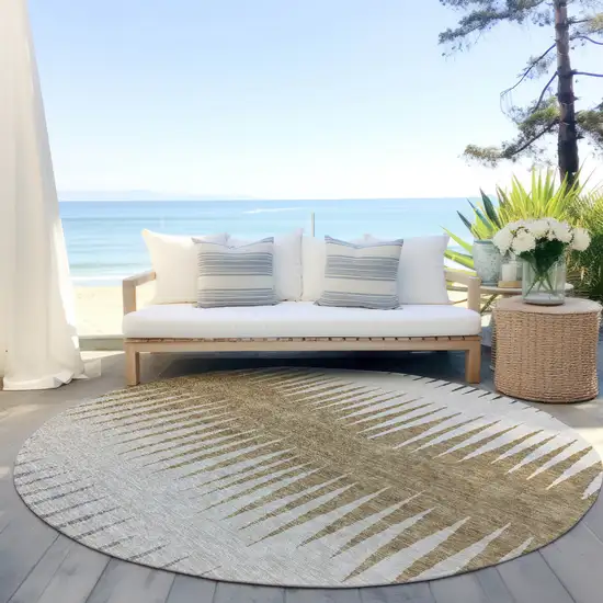8' Charcoal Beige And Brown Round Striped Washable Indoor Outdoor Area Rug Photo 7
