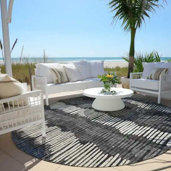 8' Charcoal Blue And Ivory Round Striped Washable Indoor Outdoor Area Rug Photo 6